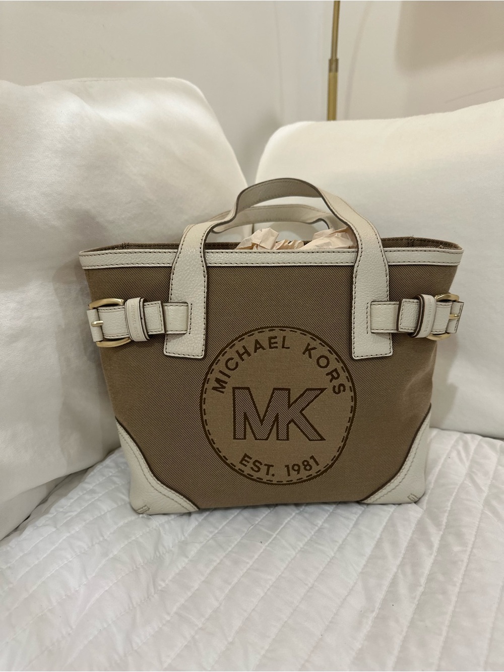 Michael Kors Brown & Cream MK Logo Canvas Tote